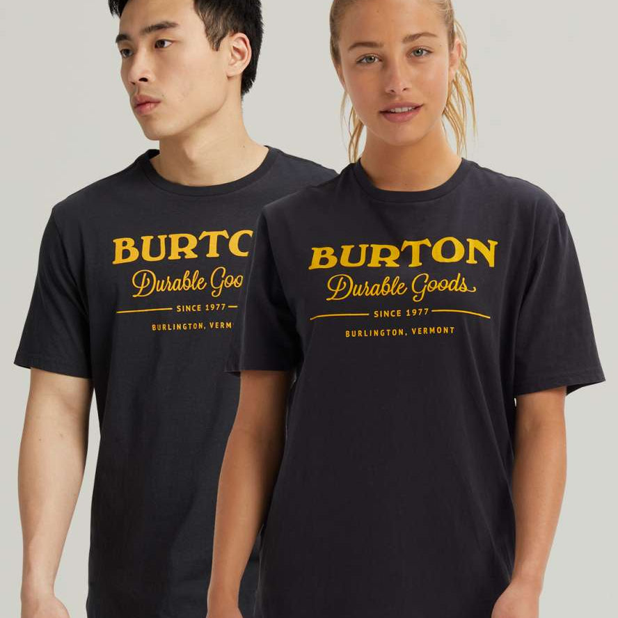 Burton Durable Goods Short Sleeve T-Shirt 2023 - A black t-shirt with yellow lettering and a white logo on the chest.