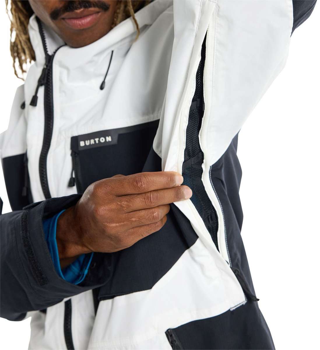 Burton Frostner 2L Jacket 2024 - A black and white jacket with a zippered chest pocket featuring the word "BURTON" in white letters.