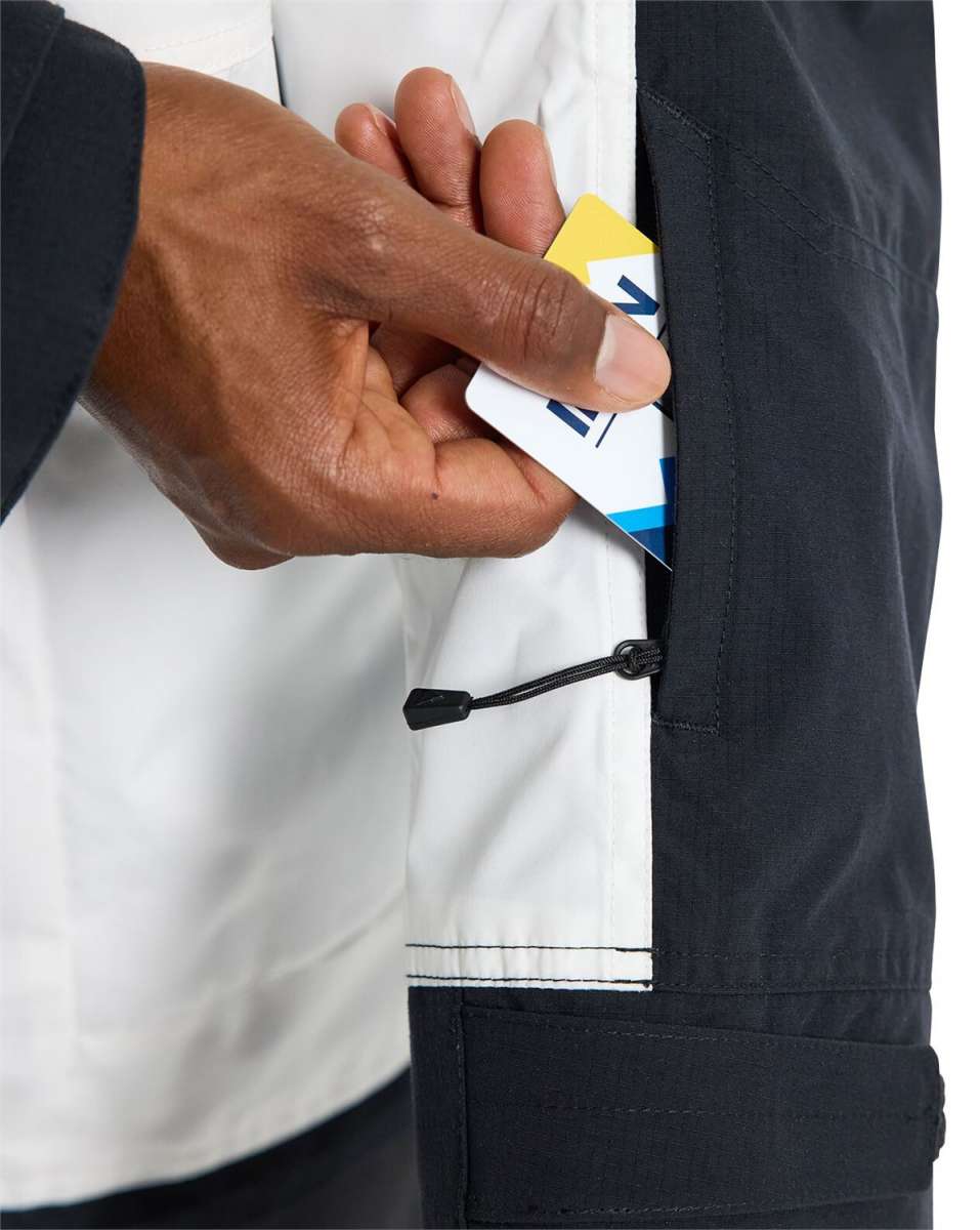 Burton Frostner 2L Jacket 2024 - A white jacket with a black stripe on the sleeve and a blue logo on the chest.