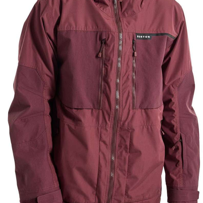 Burton Frostner 2L Jacket 2024 - A maroon-colored jacket with a hood and multiple zippered pockets.
