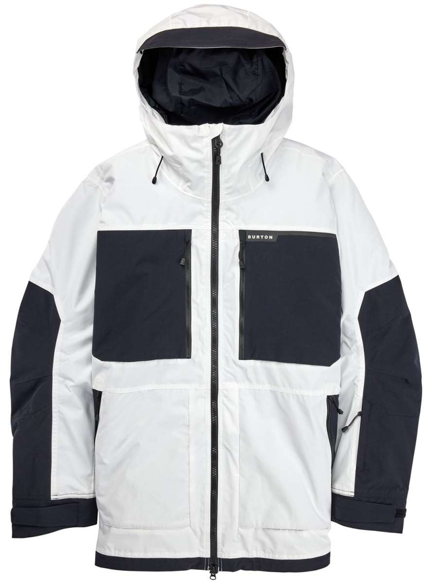 Burton Frostner 2L Jacket 2024 - A white jacket with black accents and a hood, featuring two zippered pockets on the front.