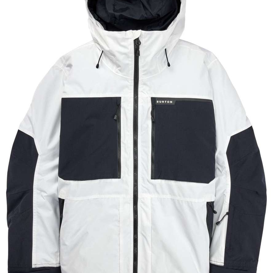 Burton Frostner 2L Jacket 2024 - A white jacket with black accents and a hood, featuring two zippered pockets on the front.