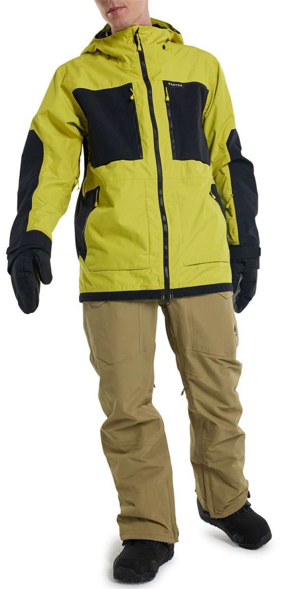 Burton Frostner 2L Jacket 2024 - A bright yellow jacket with black accents and a hood, featuring two zippered pockets on the front.