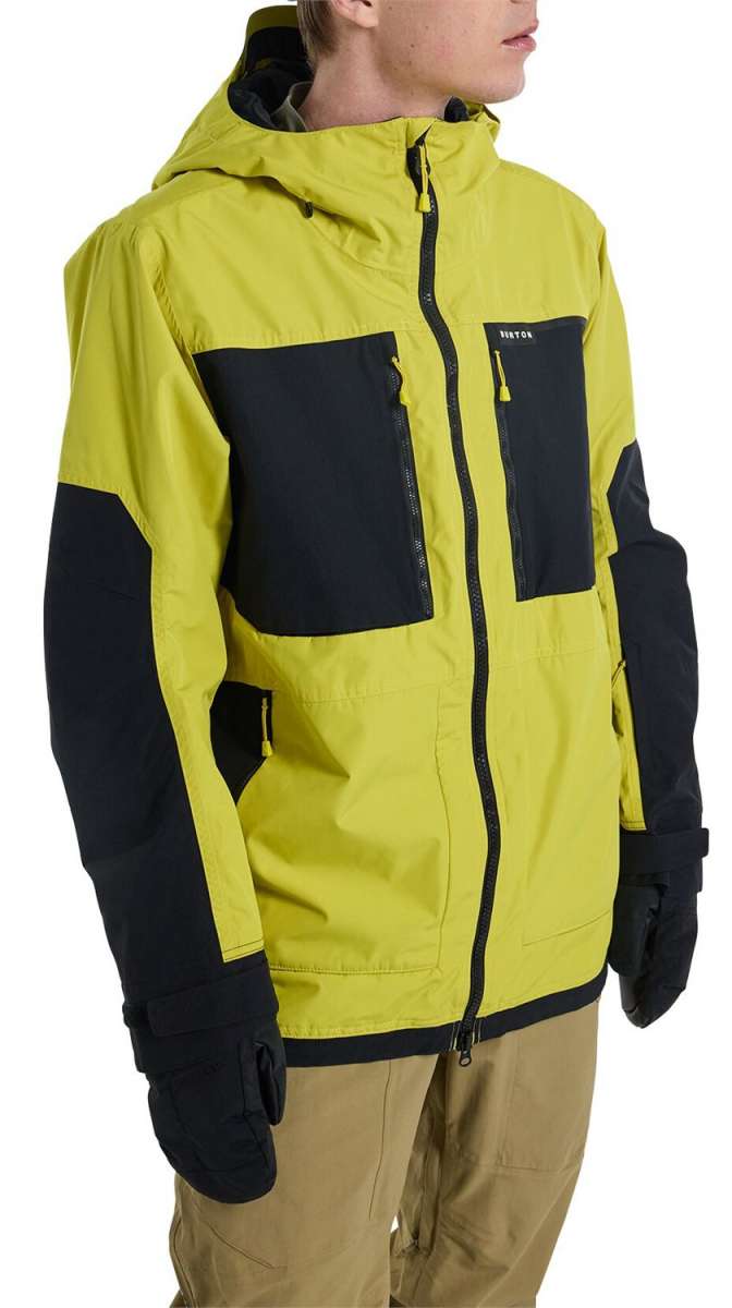 Burton Frostner 2L Jacket 2024 - A bright yellow jacket with black accents and a hood, featuring two zippered pockets on the front.