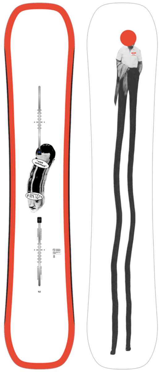 Burton Women's Good Company Snowboard 2024 - A black snowboard with a white stripe down the middle and a woman in a white shirt on the top.