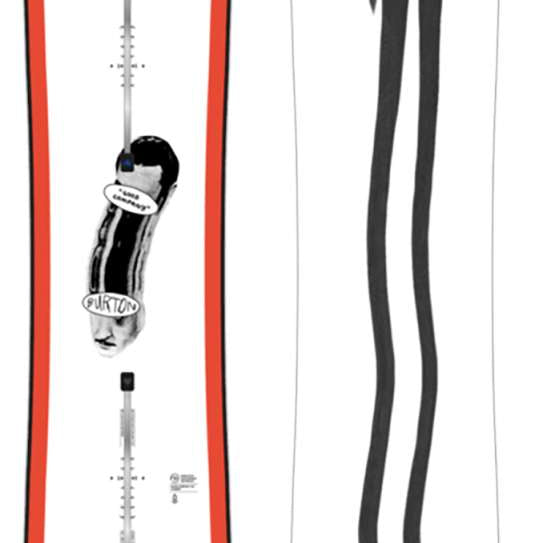 Burton Women's Good Company Snowboard 2024 - A black snowboard with a white stripe down the middle and a woman in a white shirt on the top.