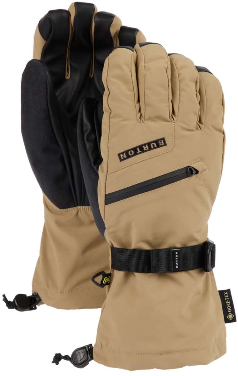 Tan waterproof ski gloves with adjustable wrist strap and pull toggles