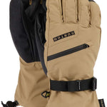 Tan waterproof ski gloves with adjustable wrist strap and pull toggles