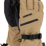 Tan waterproof ski gloves with adjustable wrist strap and pull toggles