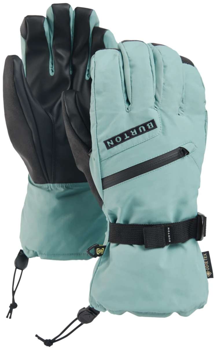 Light teal waterproof ski gloves with adjustable wrist strap and pull toggles