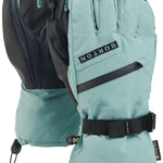Light teal waterproof ski gloves with adjustable wrist strap and pull toggles