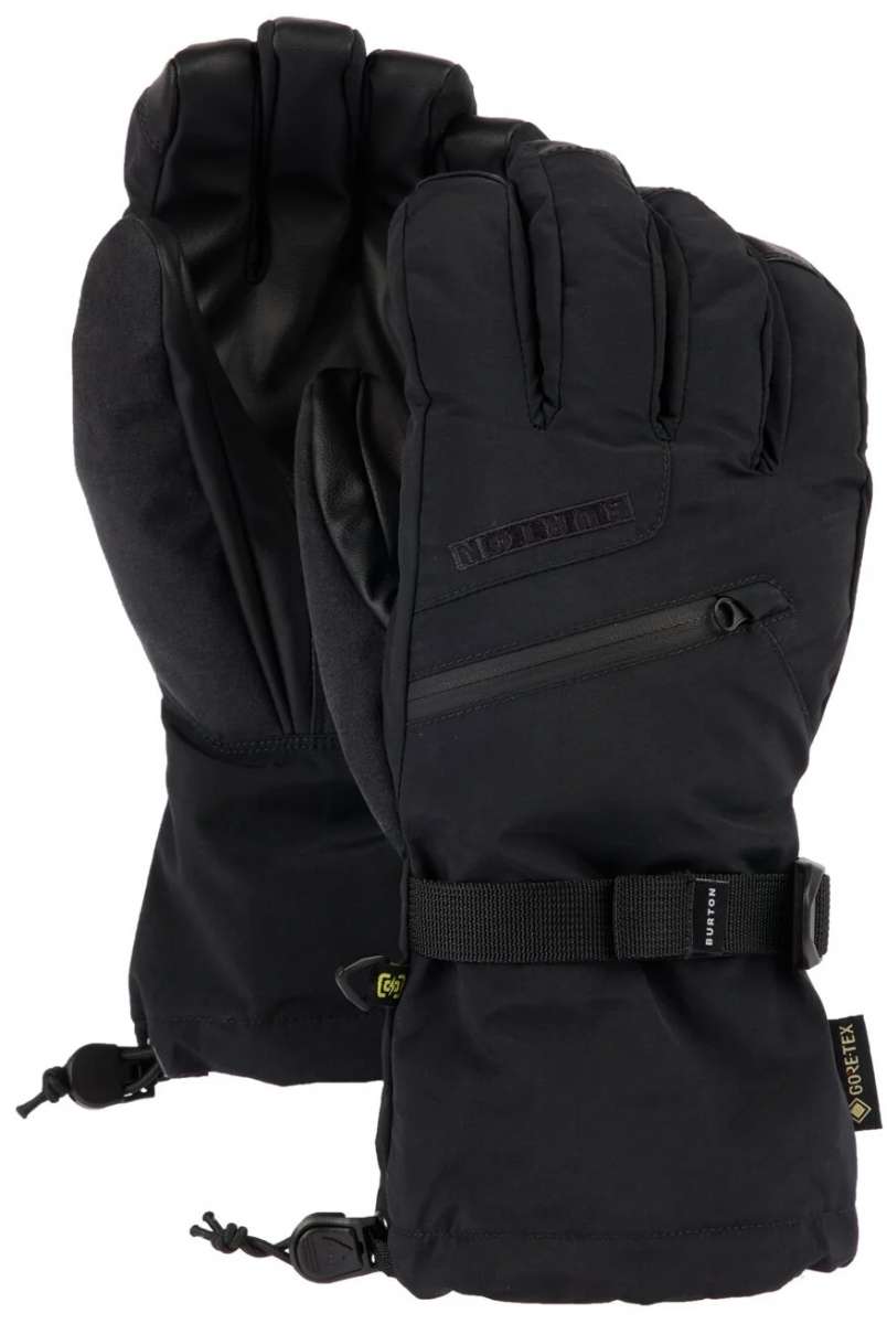 Black waterproof ski gloves with adjustable wrist strap and pull toggles