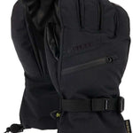 Black waterproof ski gloves with adjustable wrist strap and pull toggles