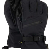 Black waterproof ski gloves with adjustable wrist strap and pull toggles
