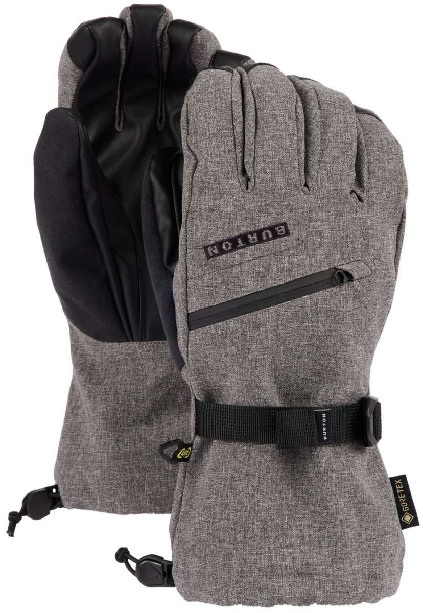Heather gray waterproof ski gloves with adjustable wrist strap and pull toggles