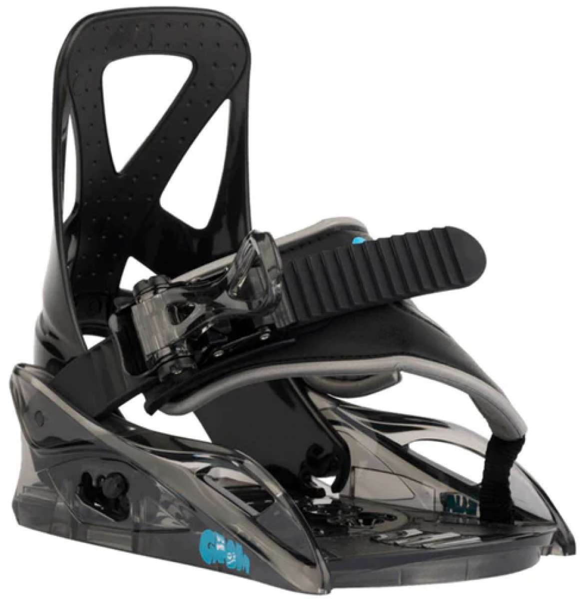 Burton Junior's Grom Disc Snowboard Binding 2024 - A black snowboard binding with a blue logo on the front strap and a clear plastic base plate.