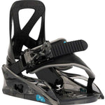 Burton Junior's Grom Disc Snowboard Binding 2024 - A black snowboard binding with a blue logo on the front strap and a clear plastic base plate.