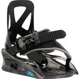 Burton Junior's Grom Disc Snowboard Binding 2024 - A black snowboard binding with a blue logo on the front strap and a clear plastic base plate.