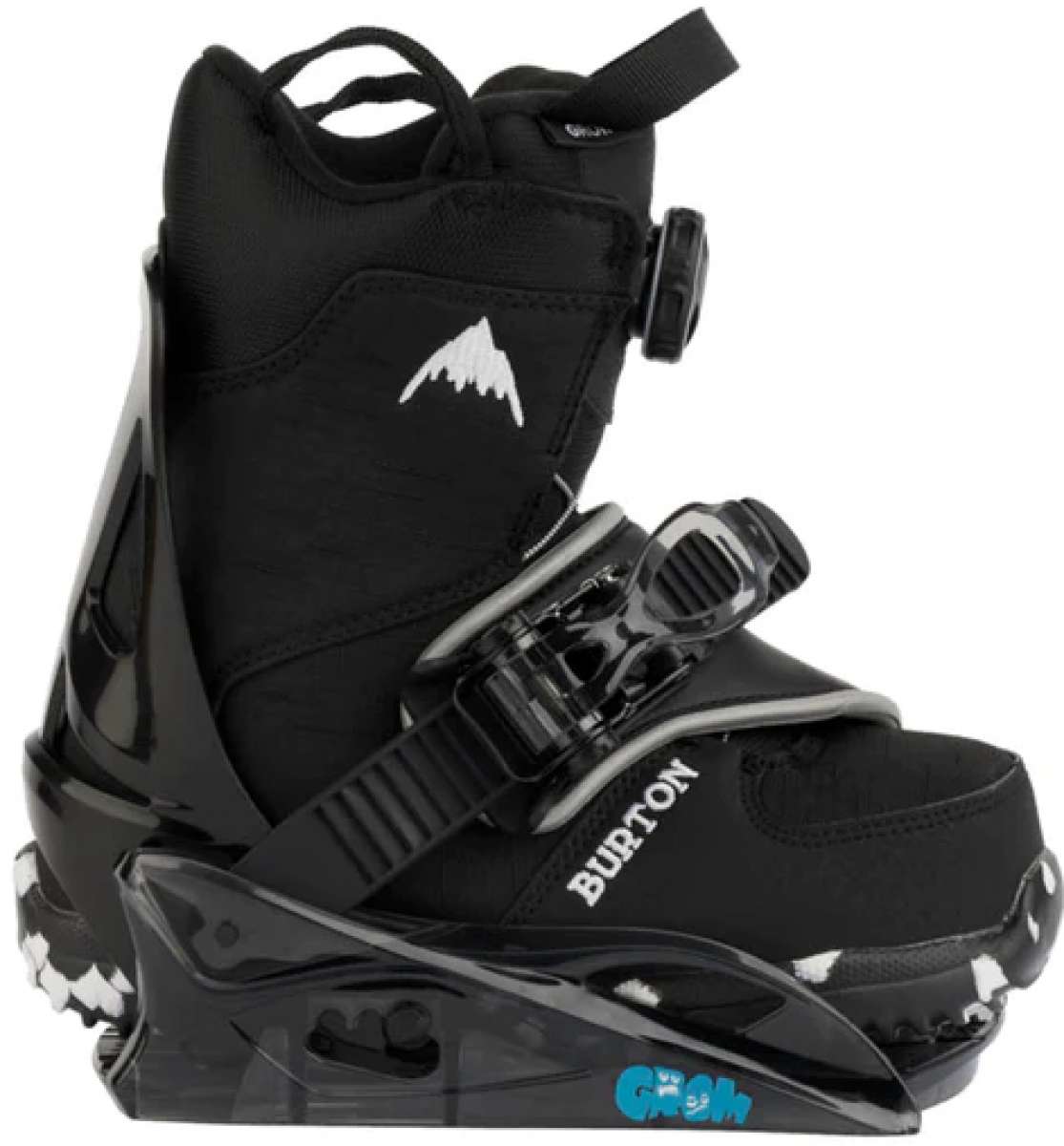 Burton Junior's Grom Disc Snowboard Binding 2024 - A black snowboard binding with a white logo on top and a blue logo at the bottom.