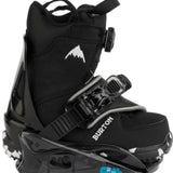 Burton Junior's Grom Disc Snowboard Binding 2024 - A black snowboard binding with a white logo on top and a blue logo at the bottom.