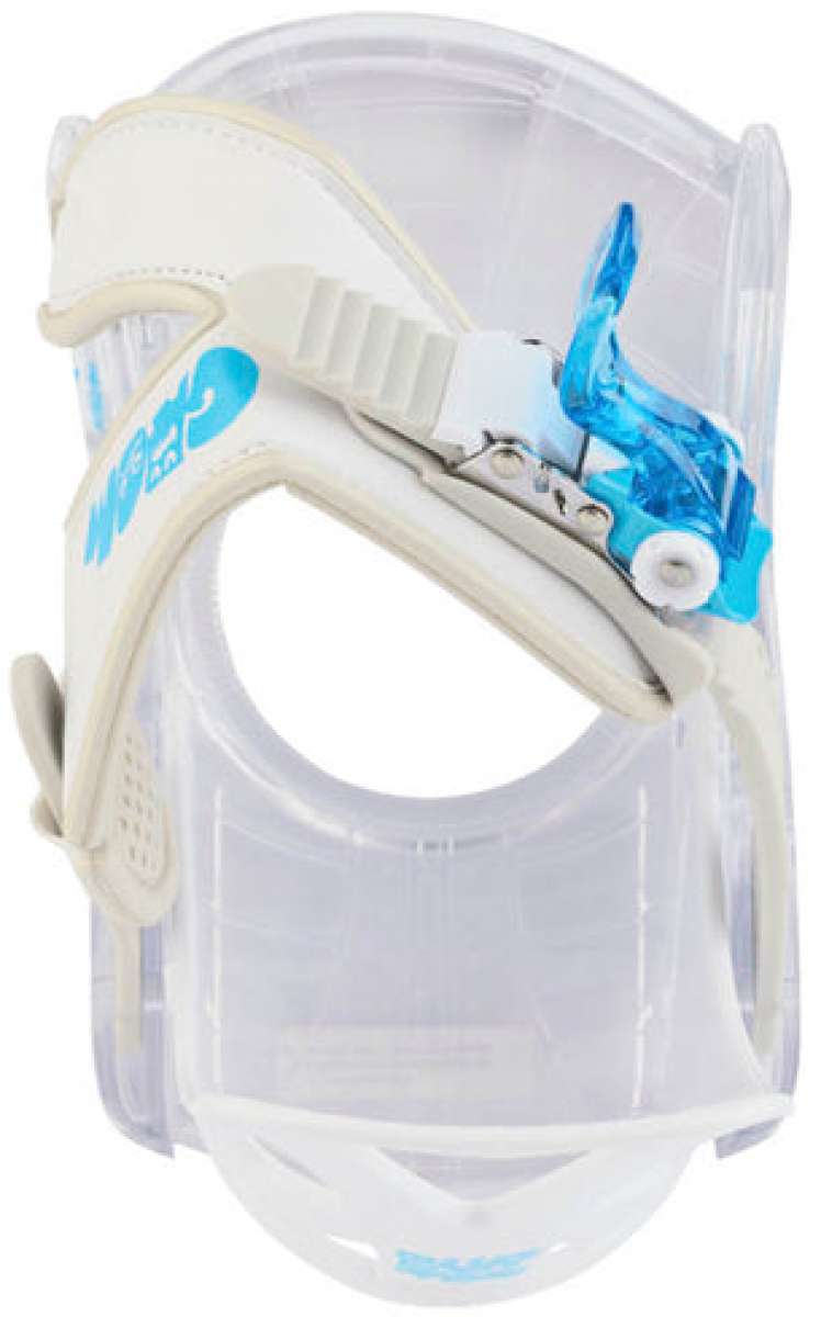 Burton Junior's Grom Disc Snowboard Binding 2024 - A white snowboard binding with blue accents and a distinctive disc-shaped footbed.