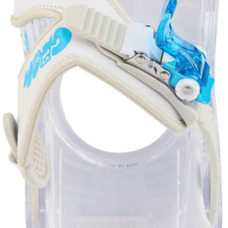 Burton Junior's Grom Disc Snowboard Binding 2024 - A white snowboard binding with blue accents and a distinctive disc-shaped footbed.