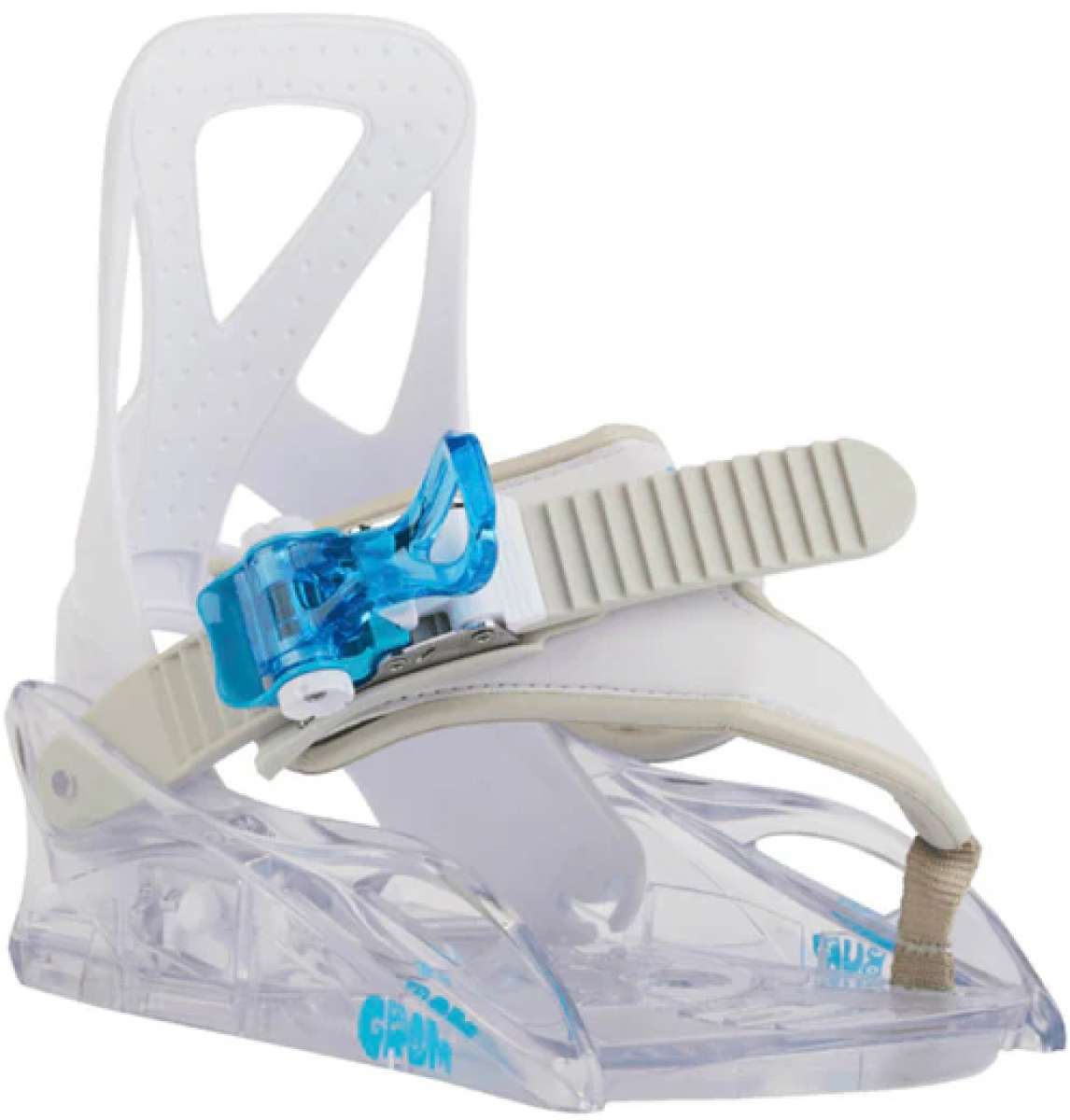 Burton Junior's Grom Disc Snowboard Binding 2024 - A white snowboard binding with a blue disc-shaped buckles and a clear plastic base plate.