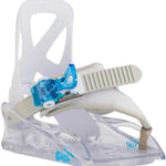 Burton Junior's Grom Disc Snowboard Binding 2024 - A white snowboard binding with a blue disc-shaped buckles and a clear plastic base plate.