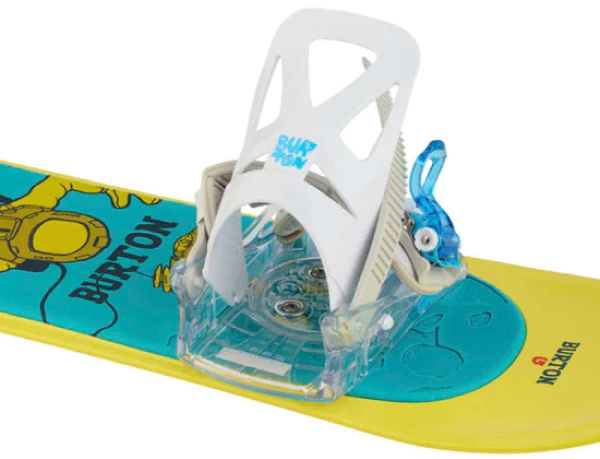 Burton Junior's Grom Disc Snowboard Binding - A blue and white binding with a circular disc on top, featuring a small logo in light blue.