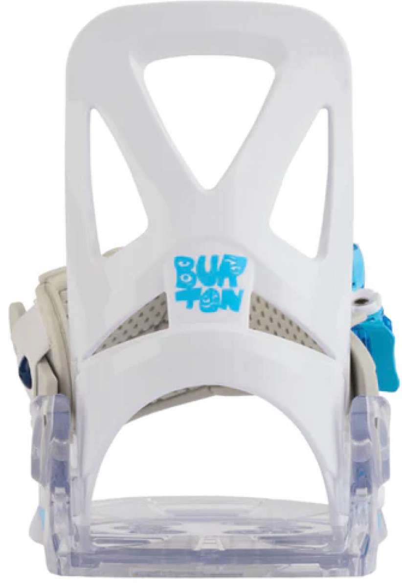 Burton Junior's Grom Disc Snowboard Binding - A white snowboard binding with blue accents and a gray strap.