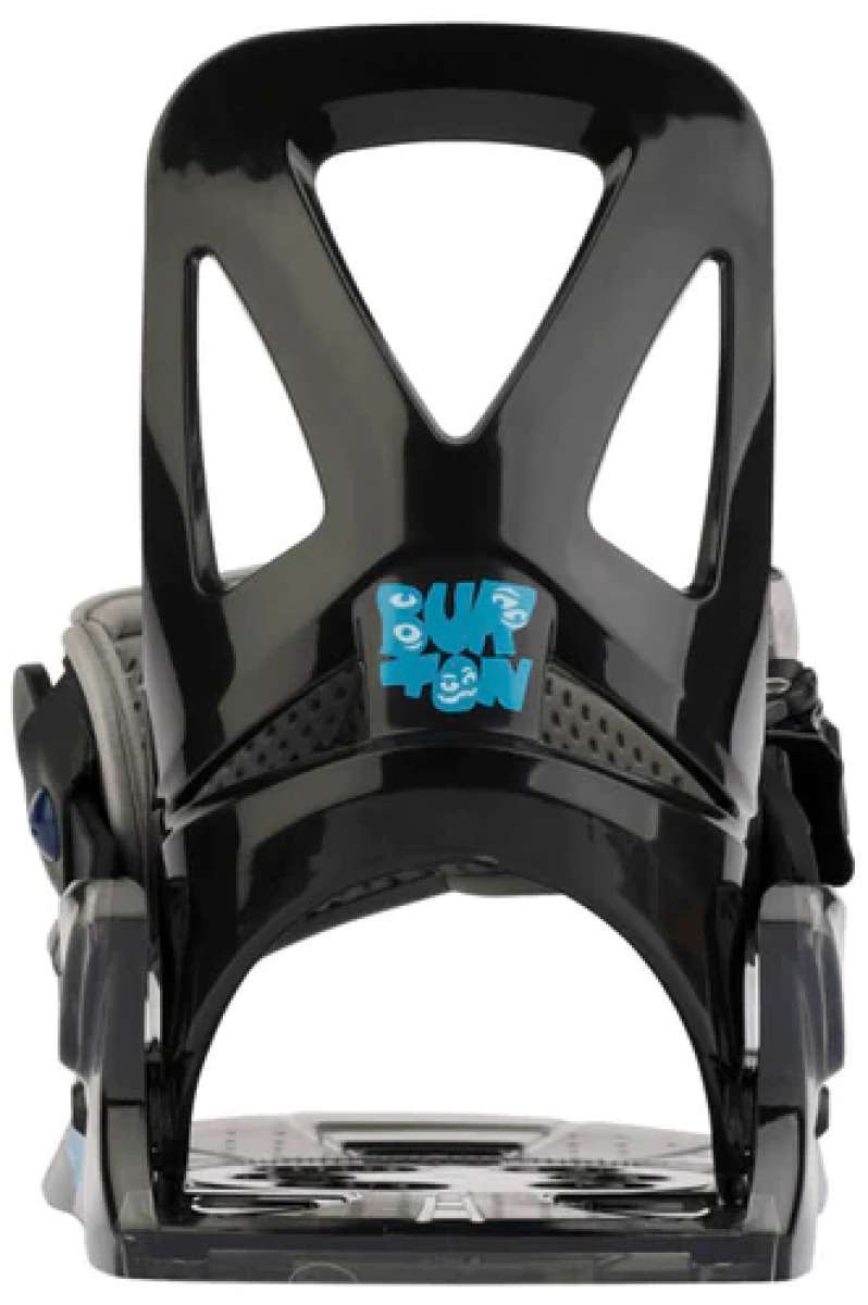 Burton Junior's Grom Disc Snowboard Binding - A black snowboard binding with a blue logo featuring the word "BURTON" in bubble letters, and a white smiley face.