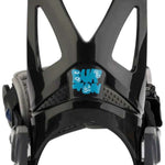 Burton Junior's Grom Disc Snowboard Binding - A black snowboard binding with a blue logo featuring the word "BURTON" in bubble letters, and a white smiley face.