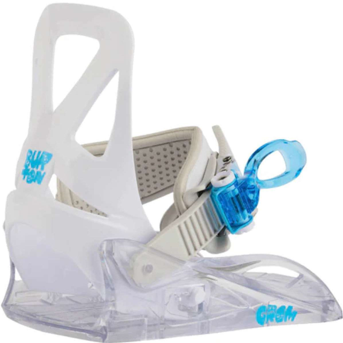Burton Junior's Grom Disc Snowboard Binding 2024 - A white snowboard binding with a blue buckle and strap.