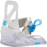 Burton Junior's Grom Disc Snowboard Binding 2024 - A white snowboard binding with a blue buckle and strap.
