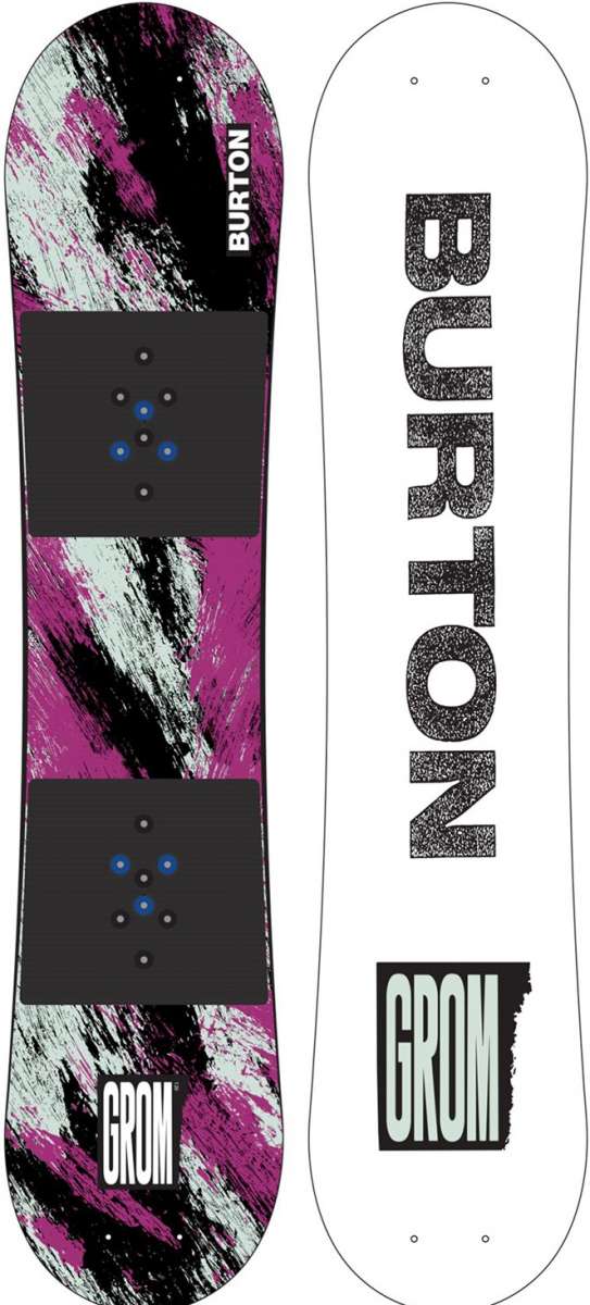Burton Junior's Grom Purple Snowboard 2022-2023 - A purple snowboard with a black and white abstract design on top of it.