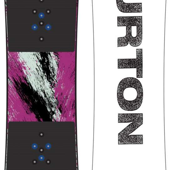 Burton Junior's Grom Purple Snowboard 2022-2023 - A purple snowboard with a black and white abstract design on top of it.