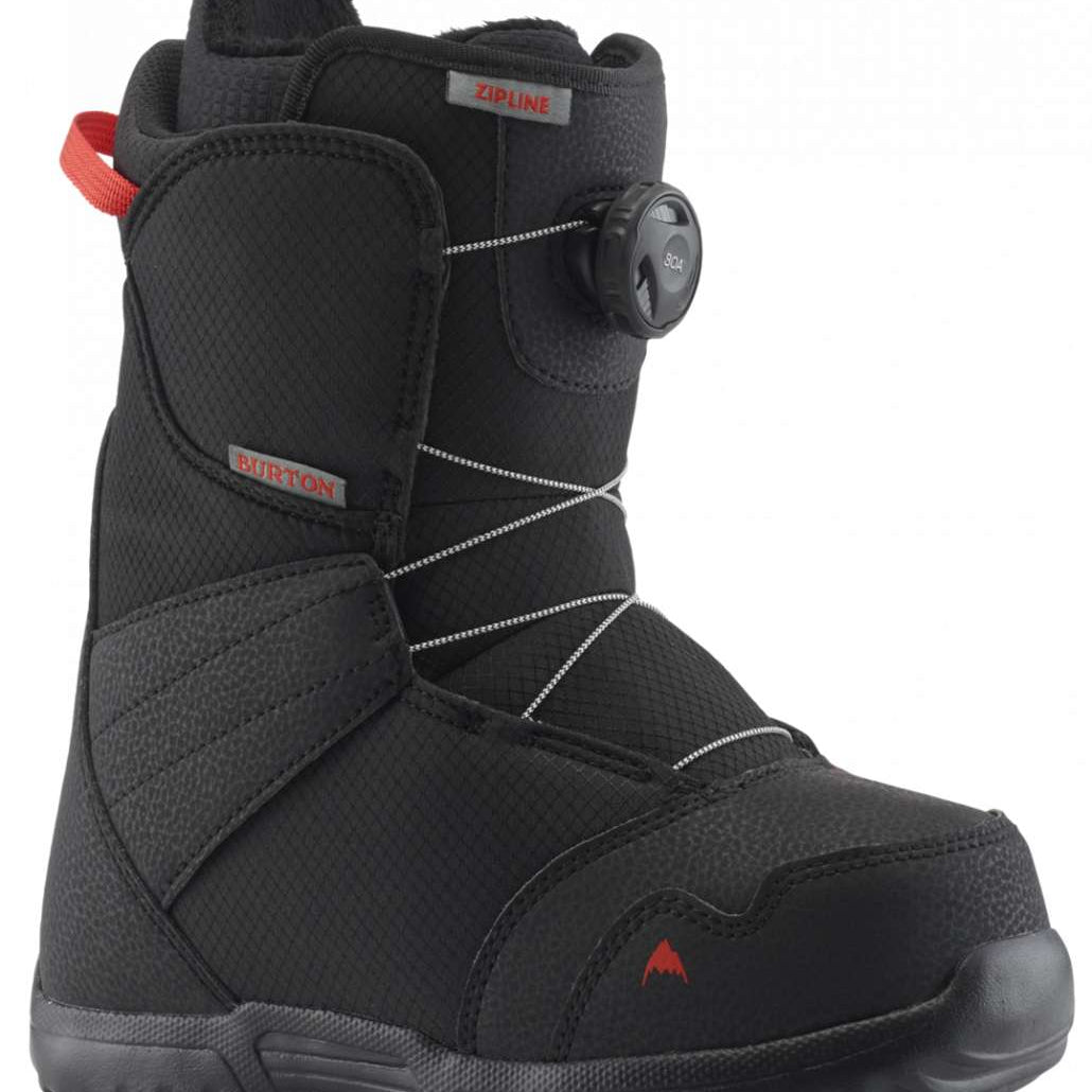 Burton Junior's Zipline BOA Snowboard Boot 2023 - Black snowboard boots with red accents and a black BOA dial on the side.