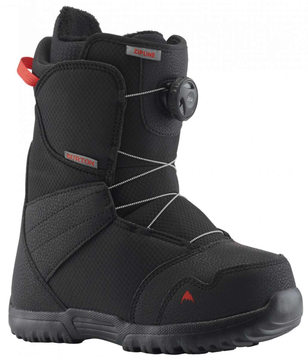 Burton Junior's Zipline BOA Snowboard Boot 2023 - Black snowboard boots with red accents and a black BOA dial on the side.