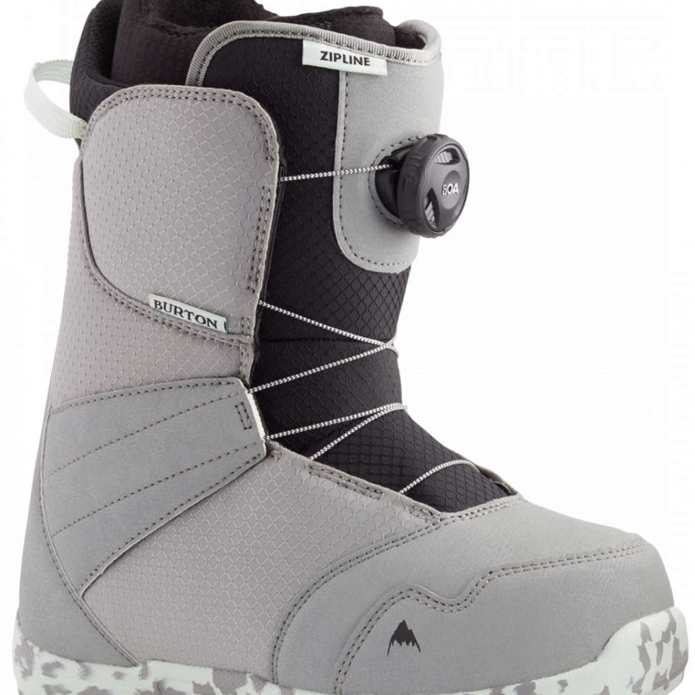 Burton Junior's Zipline BOA Snowboard Boot 2023 - A black and gray snowboard boot with a textured pattern on the upper material, featuring a round black dial labeled "BOA" on the side.