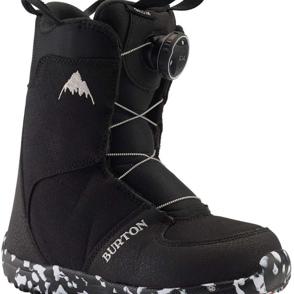 Burton Junior's Grom BOA Snowboard Boot 2024 - Black snowboard boots with white stitching and a small, round black dial on the side.