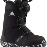 Burton Junior's Grom BOA Snowboard Boot 2024 - Black snowboard boots with white stitching and a small, round black dial on the side.