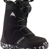 Burton Junior's Grom BOA Snowboard Boot 2024 - Black snowboard boots with white stitching and a small, round black dial on the side.