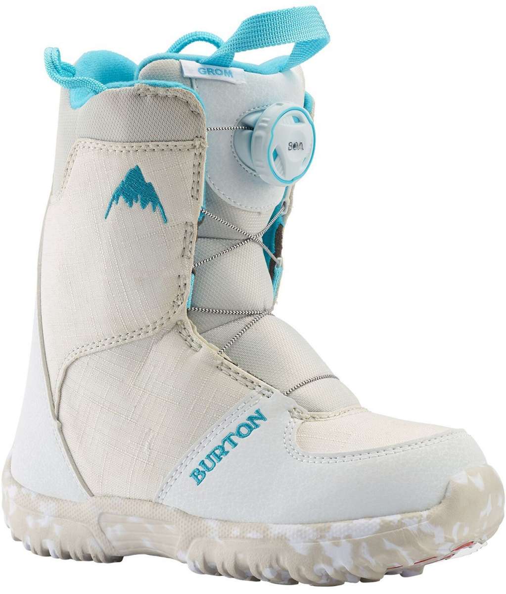 Burton Junior's Grom BOA Snowboard Boot 2024 - A white snowboard boot with a blue logo on the side and a round white dial on the top.