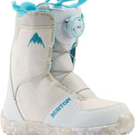 Burton Junior's Grom BOA Snowboard Boot 2024 - A white snowboard boot with a blue logo on the side and a round white dial on the top.