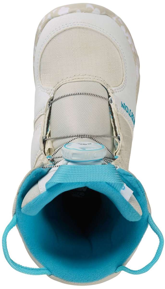 Burton - Junior's Grom BOA Snowboard Boot 2024 is shown from a top-down perspective, with white laces and a light blue logo on the side.