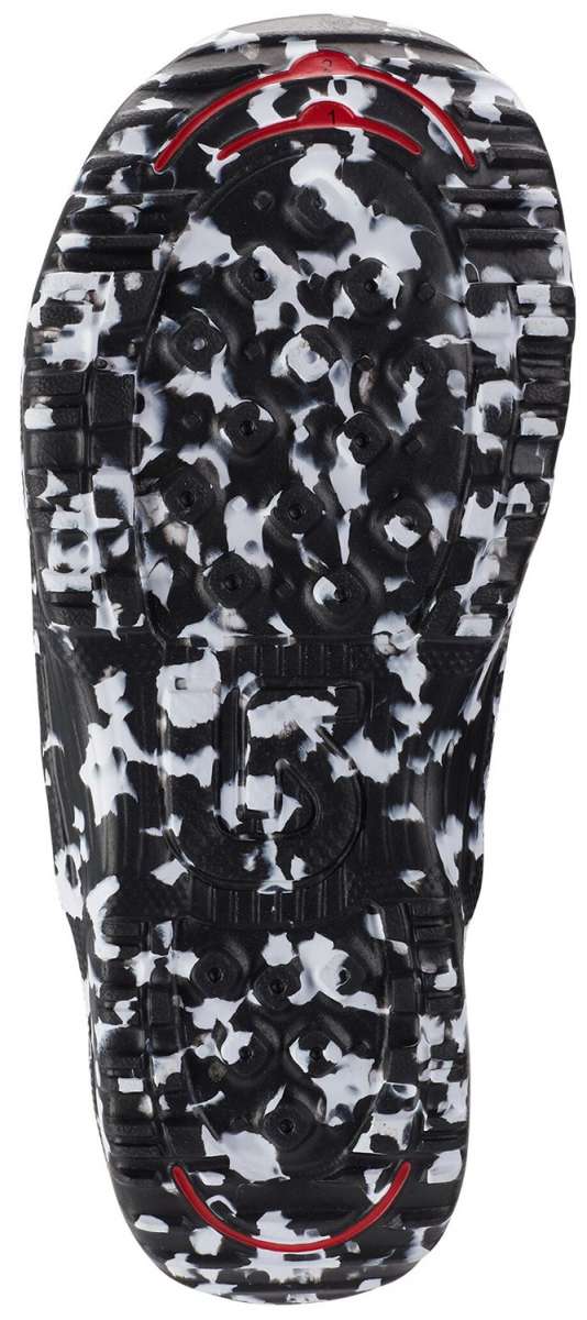 Burton Junior's Grom BOA Snowboard Boot 2024 - Black snowboard boots with a white pattern and red accents on the back.