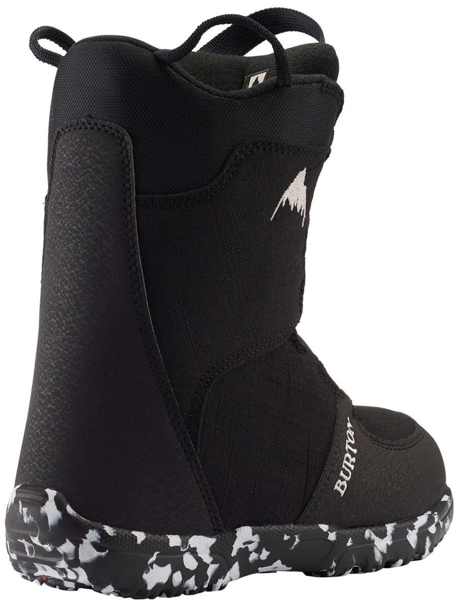 Burton Junior's Grom BOA Snowboard Boot 2024 - Black snowboard boots with white logo on side and black laces.
