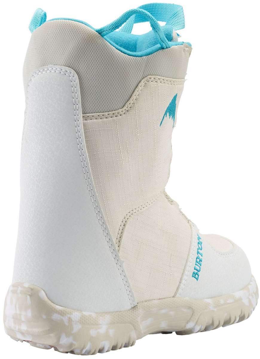 Burton Junior's Grom BOA Snowboard Boot 2024 - A white snowboard boot with a blue logo on the side and a blue strap at the top.