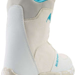 Burton Junior's Grom BOA Snowboard Boot 2024 - A white snowboard boot with a blue logo on the side and a blue strap at the top.
