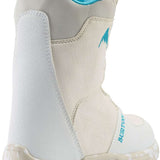 Burton Junior's Grom BOA Snowboard Boot 2024 - A white snowboard boot with a blue logo on the side and a blue strap at the top.